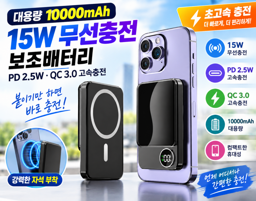 대용량 15W 무선충전 보조배터리 10000mAh, PD·QC 3.0 고속충전 제품 이미지