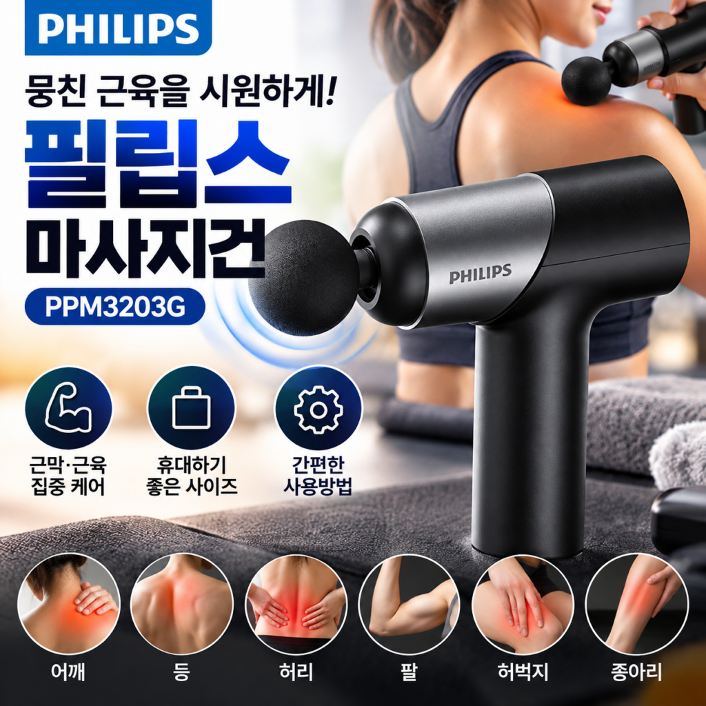 필립스 PPM3203G 마사지건 추천｜운동 후 뭉친 근육 관리에 좋은 휴대용 근막 마사지기 제품 이미지