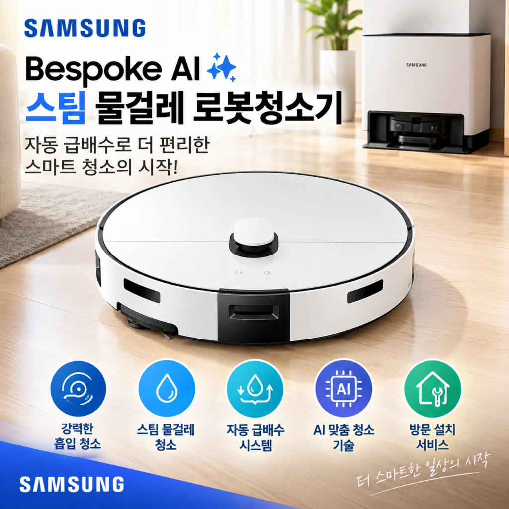 삼성전자 Bespoke AI 스팀 물걸레 로봇청소기, 자동 급배수로 편리한 스마트 청소 제품 이미지