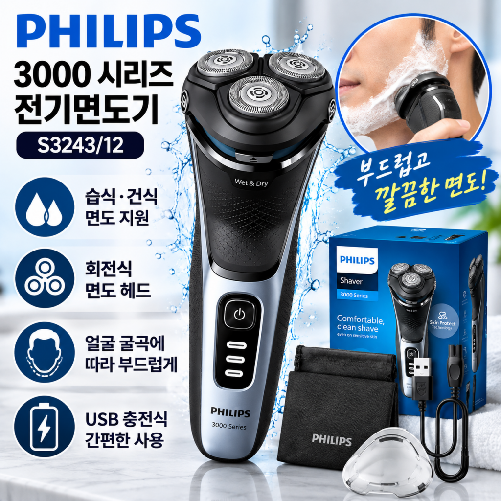 필립스 3000 시리즈 전기면도기 S3243/12, 습식·건식 모두 편리한 데일리 면도기 제품 이미지